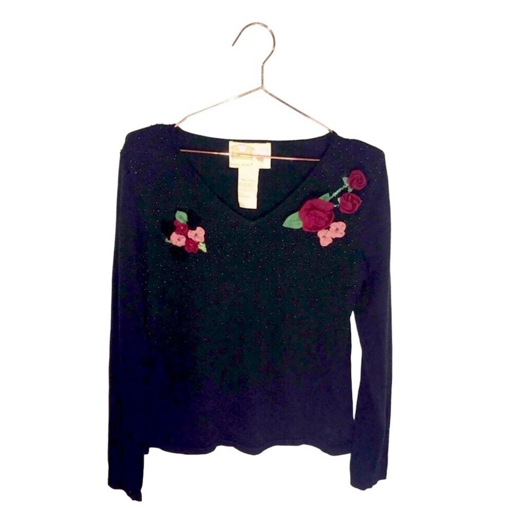 Floral Beaded V-Neck Sweater - Irene's Closet small